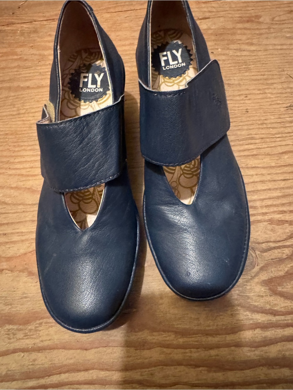 FLY London Navy Leather Mary Jane Flats with Wide Strap